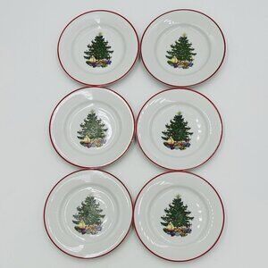 Set Of 6 Cuthbertson American Christmas Tree Bread Plates 6.5" Red Ring Vintage